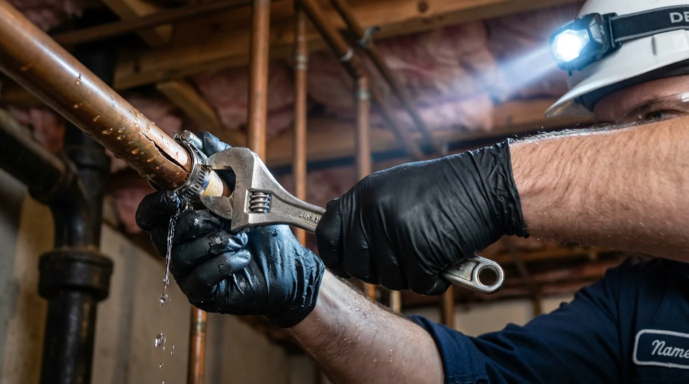 Emergency pipe clamp repair being performed by a Johns Plumbing LLC plumber in Avon