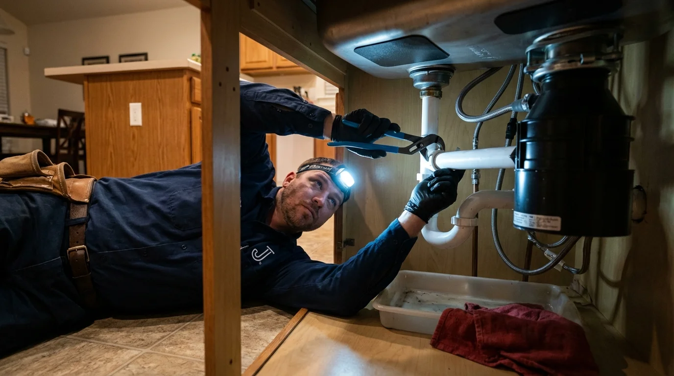 P-trap and supply line connections under a kitchen sink showing a common leak point in Avon, CO